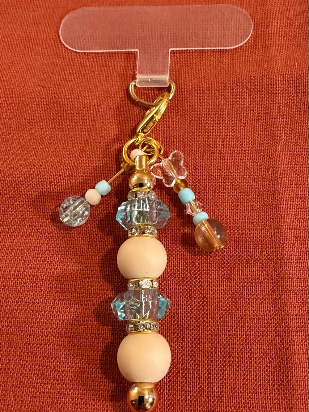 Beaded Charm Keychain - Peach and Aqua Gold Hardware used with cell phone great